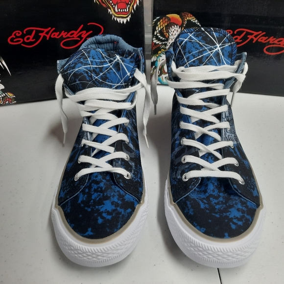 Ed Hardy "Justice" Sneakers Shoes Hi-Top Men's Sz 11 Blue White Art Streetwear - Picture 2 of 8